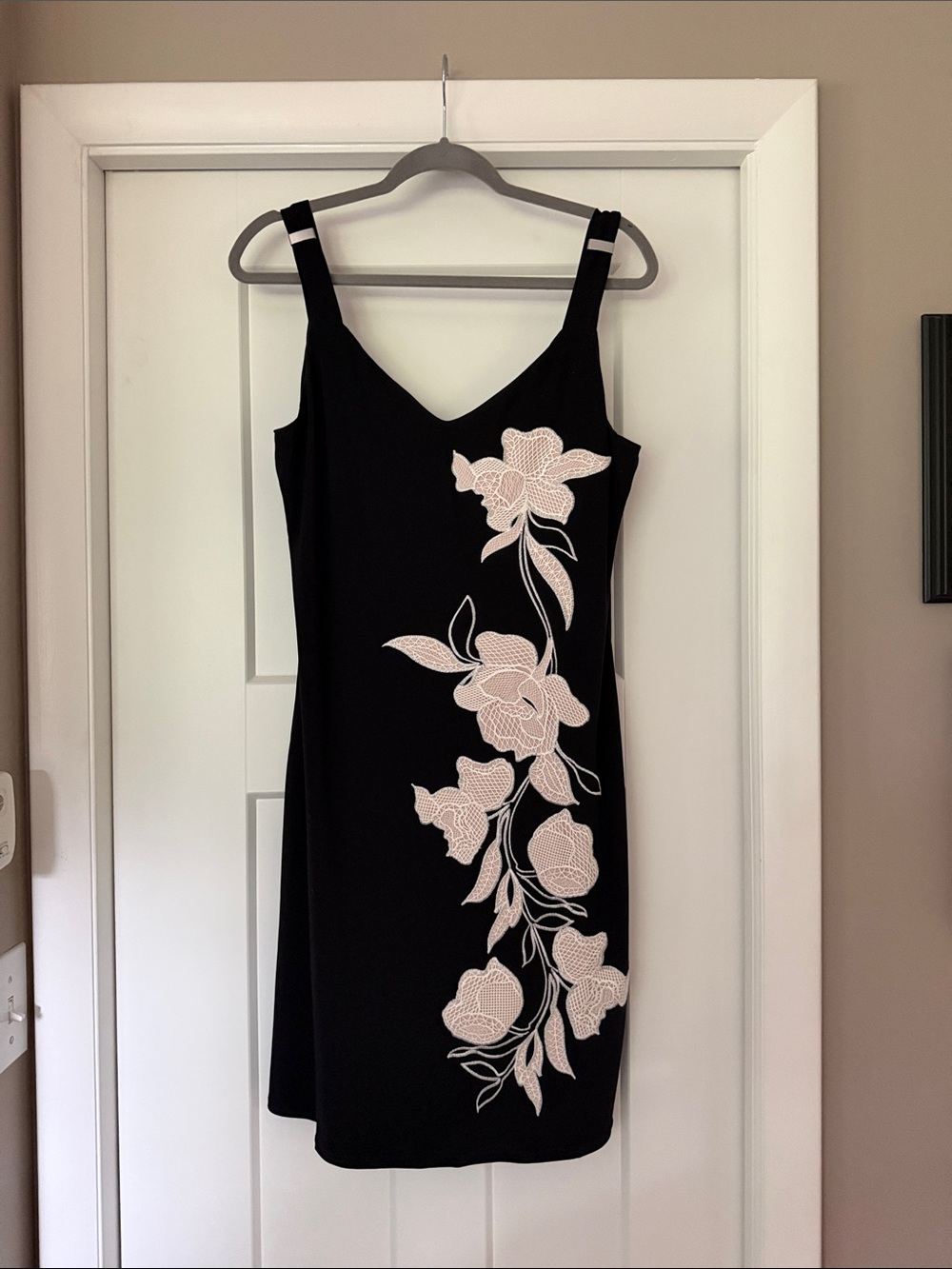 White House Black Market Black Slip Dress with Blush Floral Applique